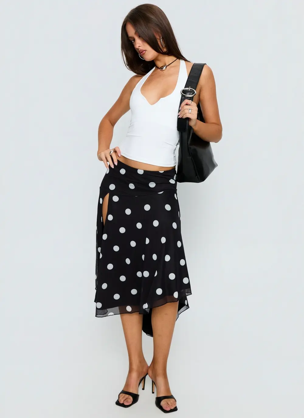 Dulciana High Split Asymmetrical Midi Skirt Black / Polka Dot