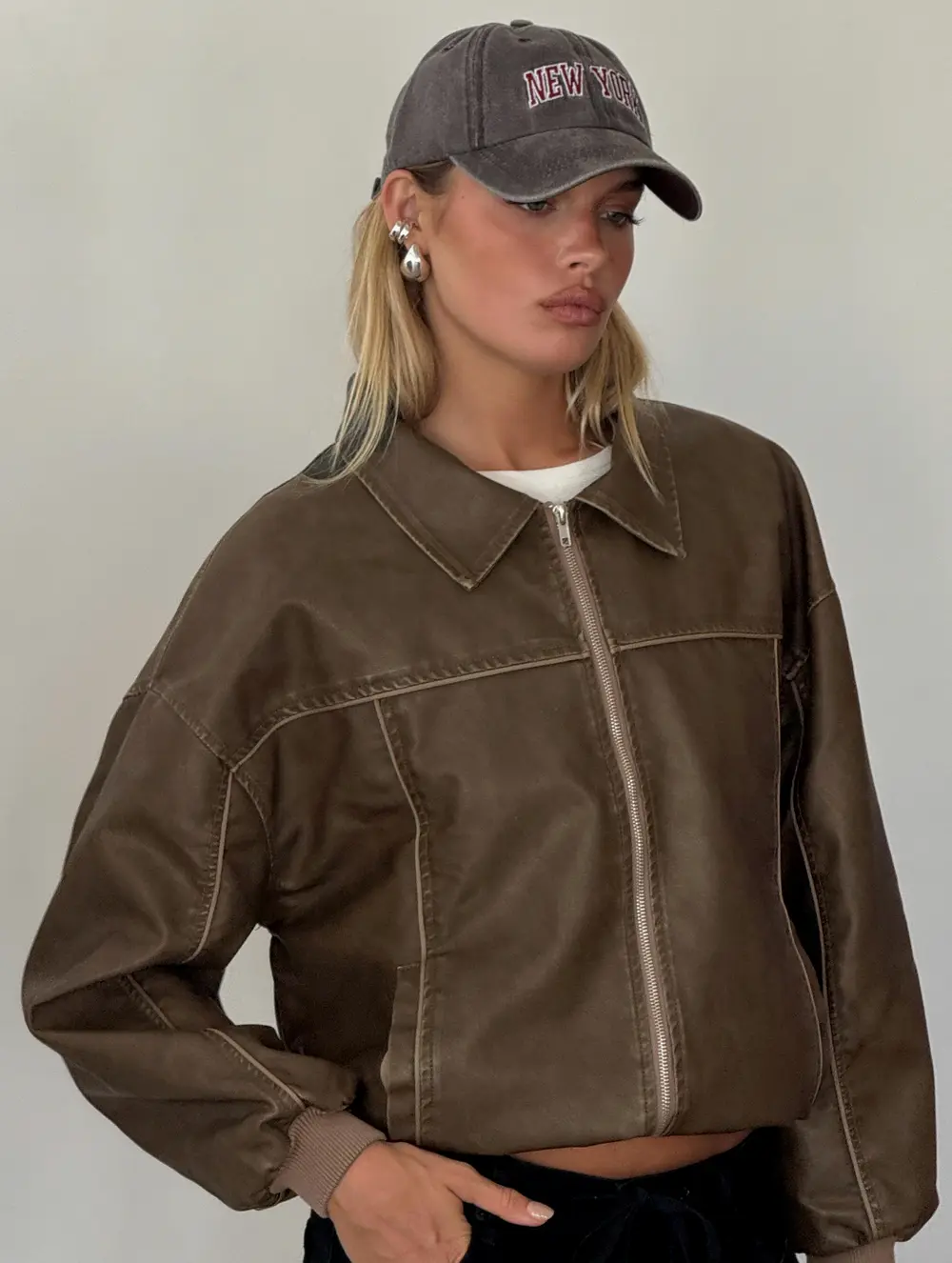 Goldsmith Faux Leather Bomber Jacket Washed Dark Brown