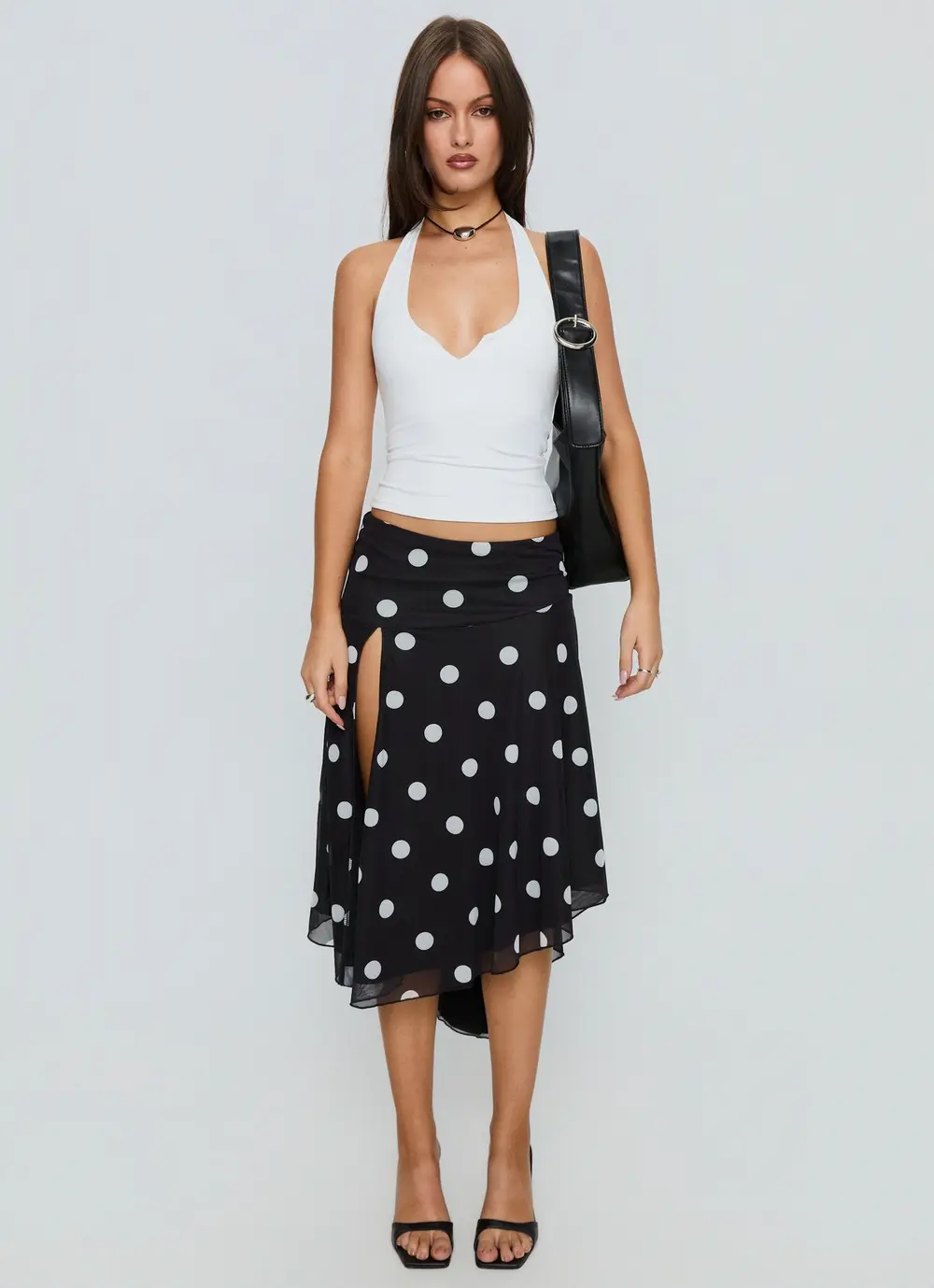 Dulciana High Split Asymmetrical Midi Skirt Black / Polka Dot