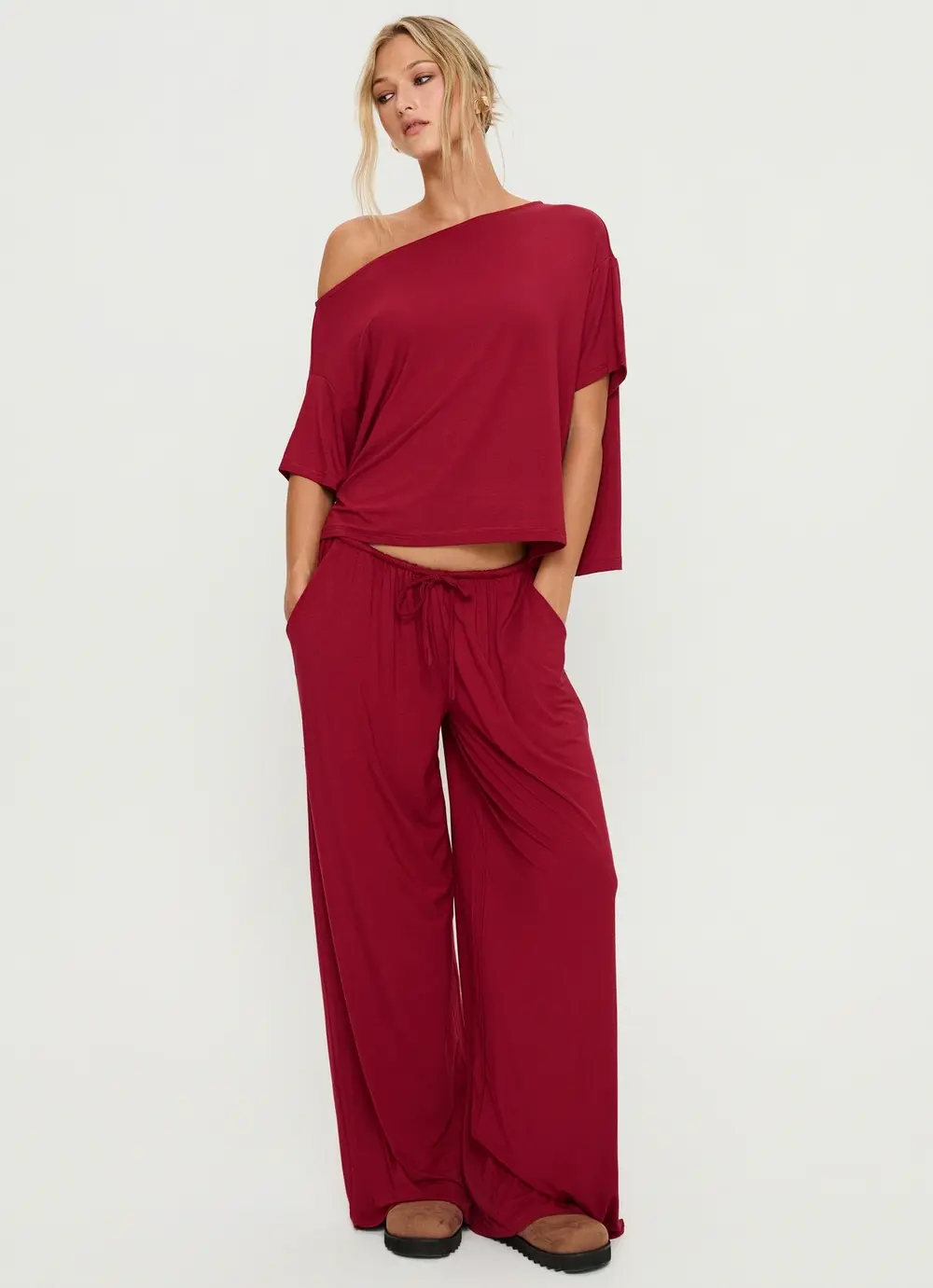 Cozy Hour Sleep Relaxed Off Shoulder Top Red