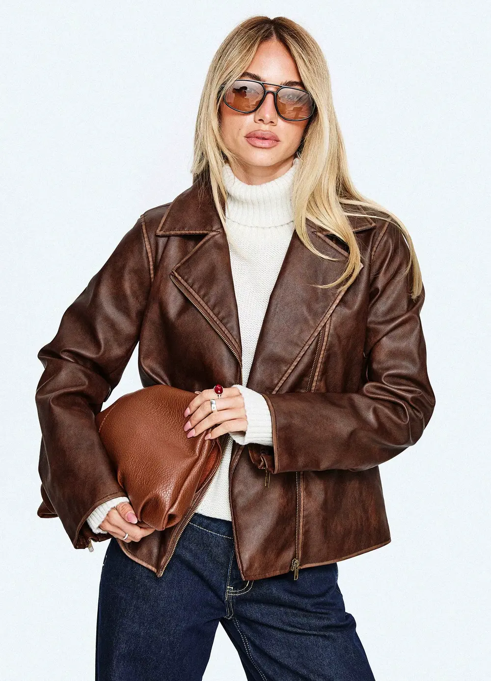 Vyolette Faux Leather Collared Jacket Washed Brown