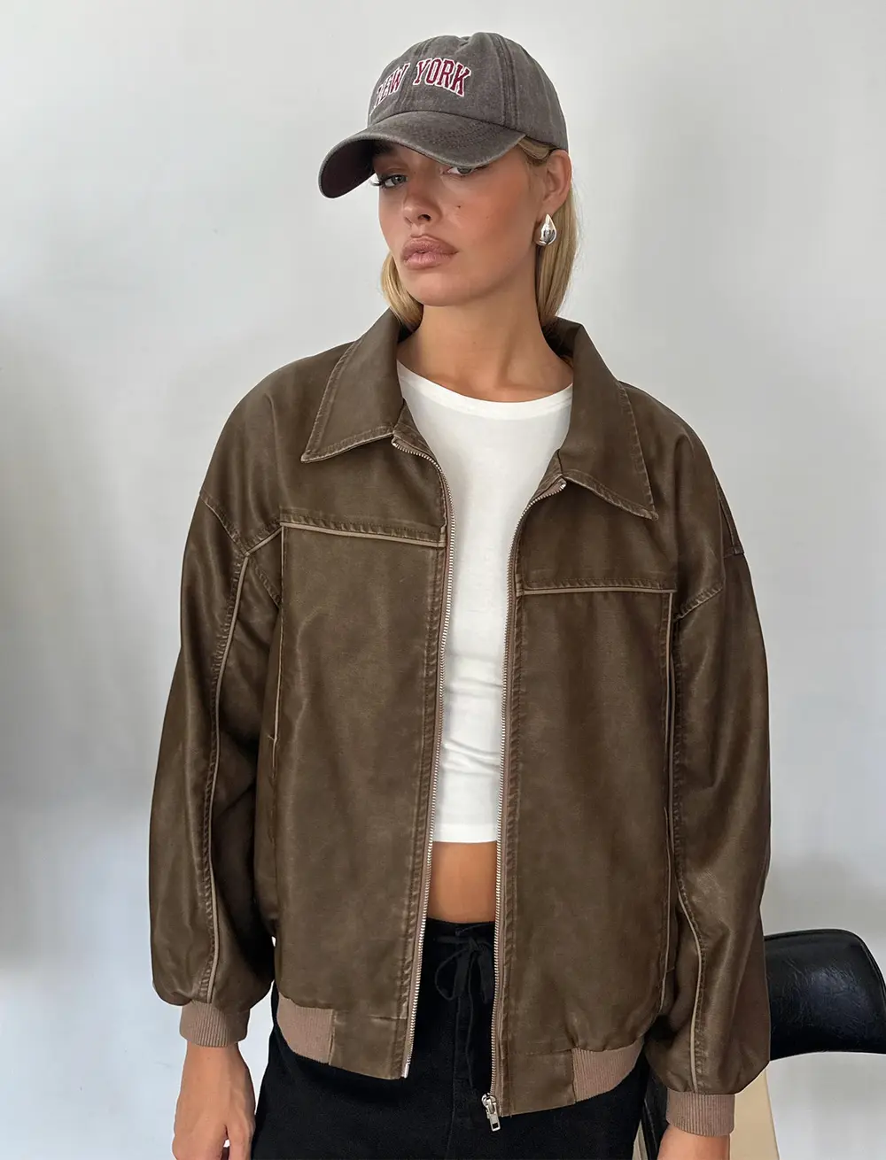 Goldsmith Faux Leather Bomber Jacket Washed Dark Brown