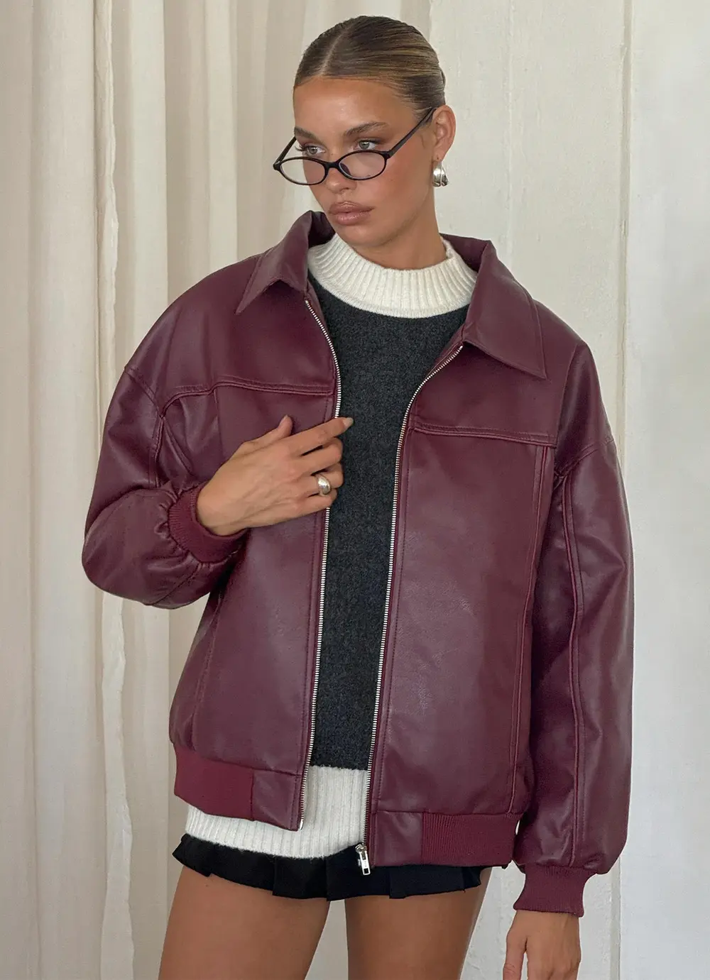 Goldsmith Faux Leather Bomber Jacket Burgundy