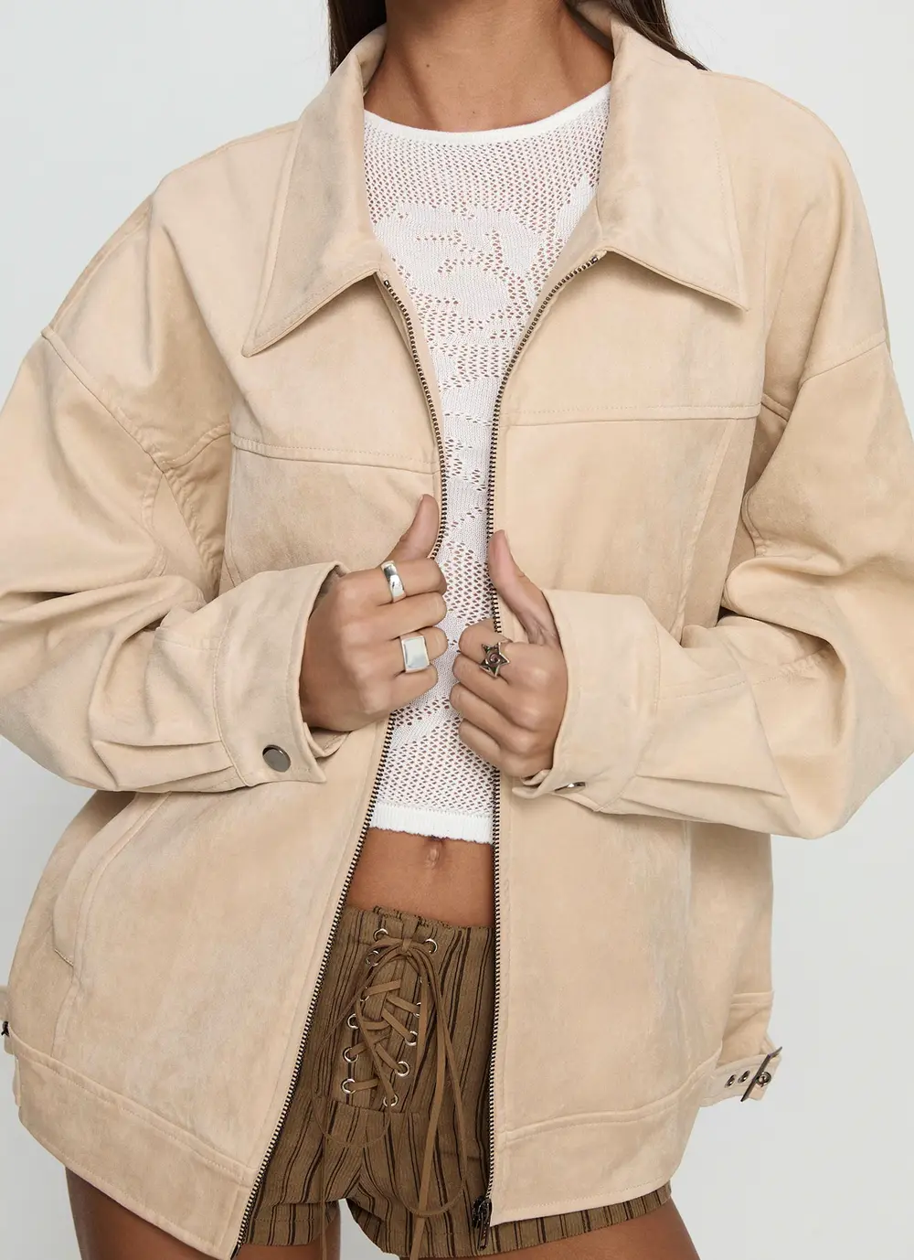 Goldsmith Faux Suede Bomber Jacket Beige
