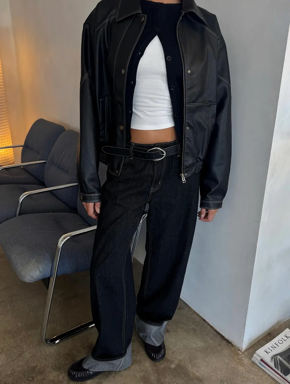 Top Model Low Rise Straight Leg Cuffed Jean Dark Denim