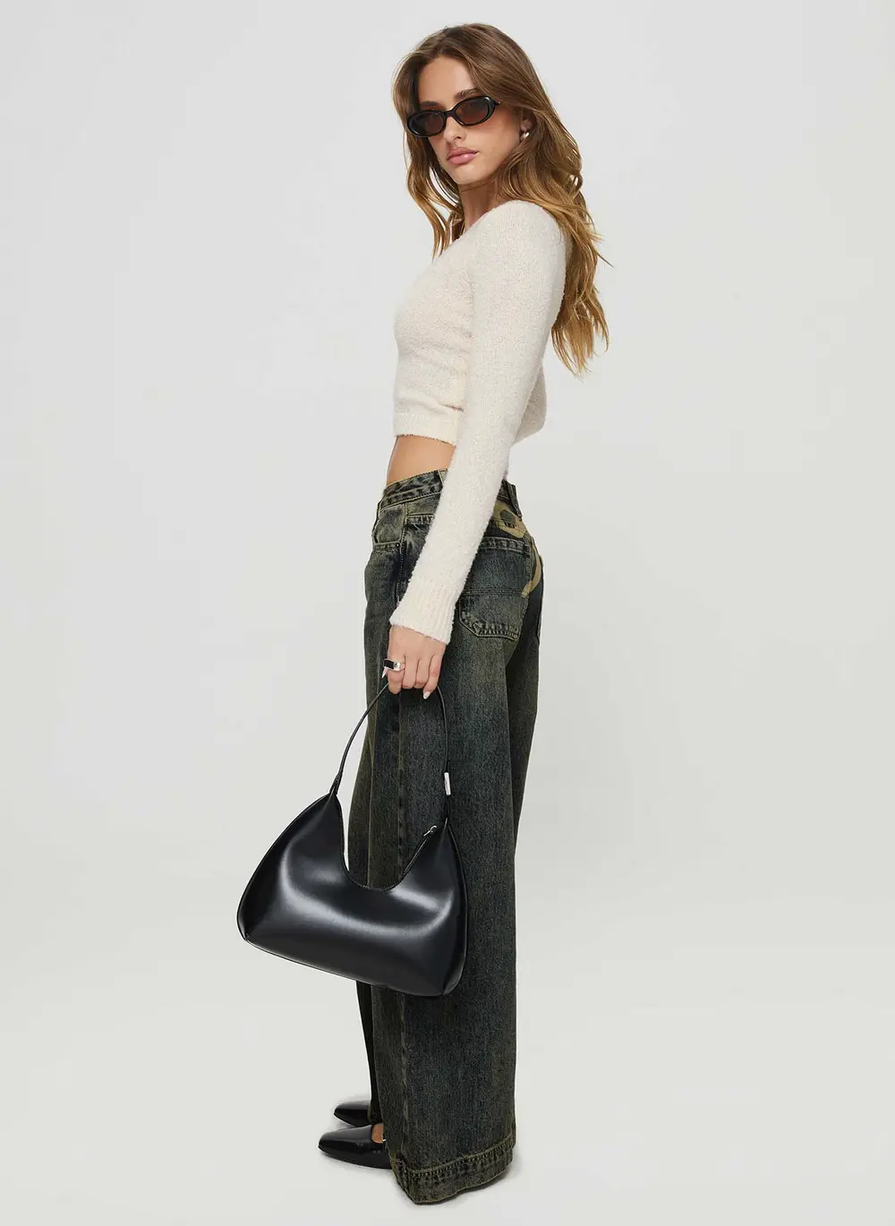 Ribbon Stamp Low Rise Wide Leg Jeans Antique Wash