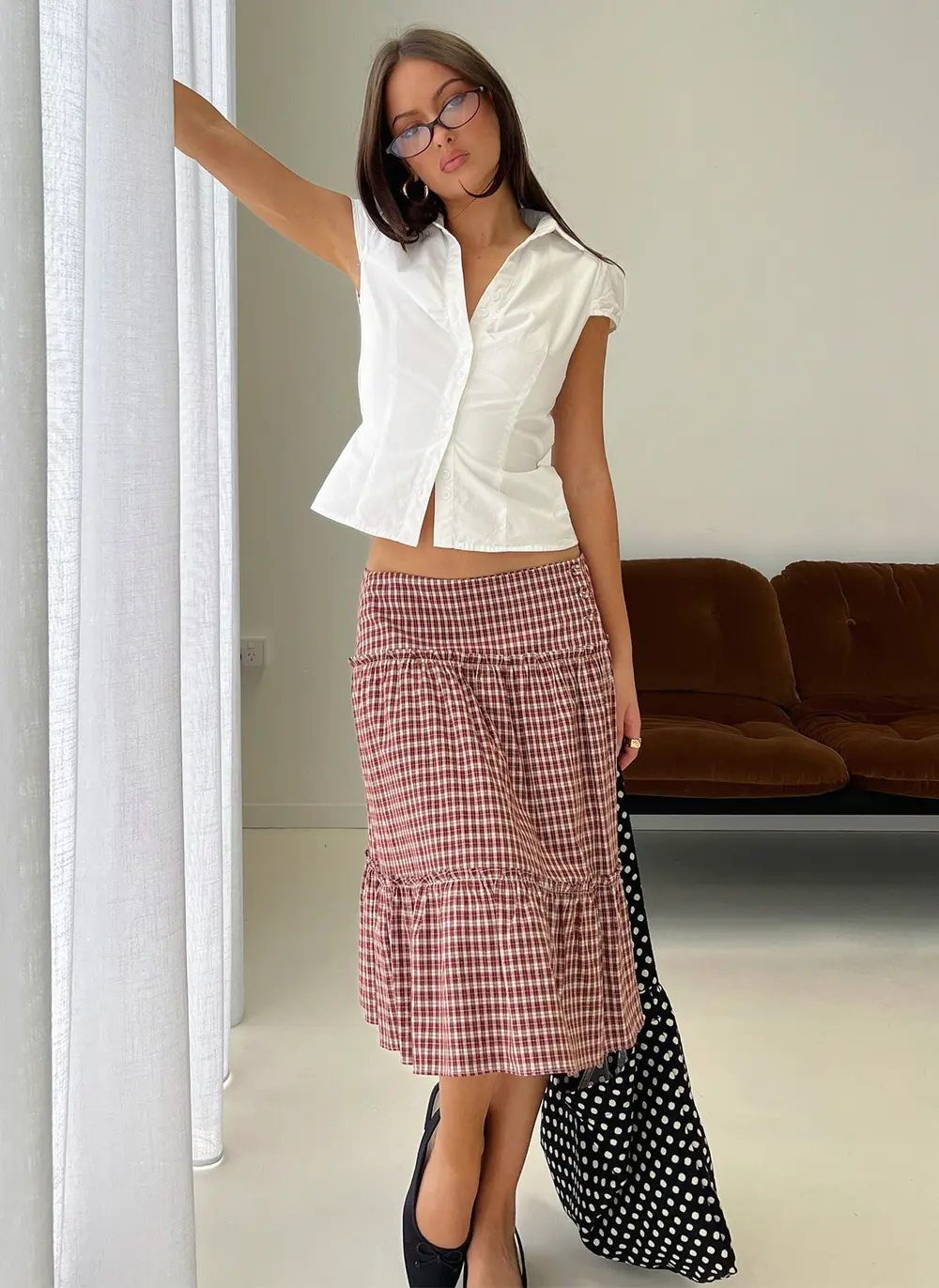 Cascades Low Rise Midi Skirt Red Check