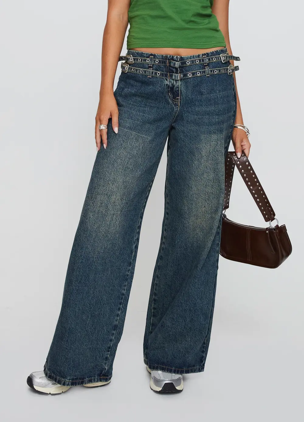 Baccarat Mid Rise Wide Leg Belted Jeans Dark Blue