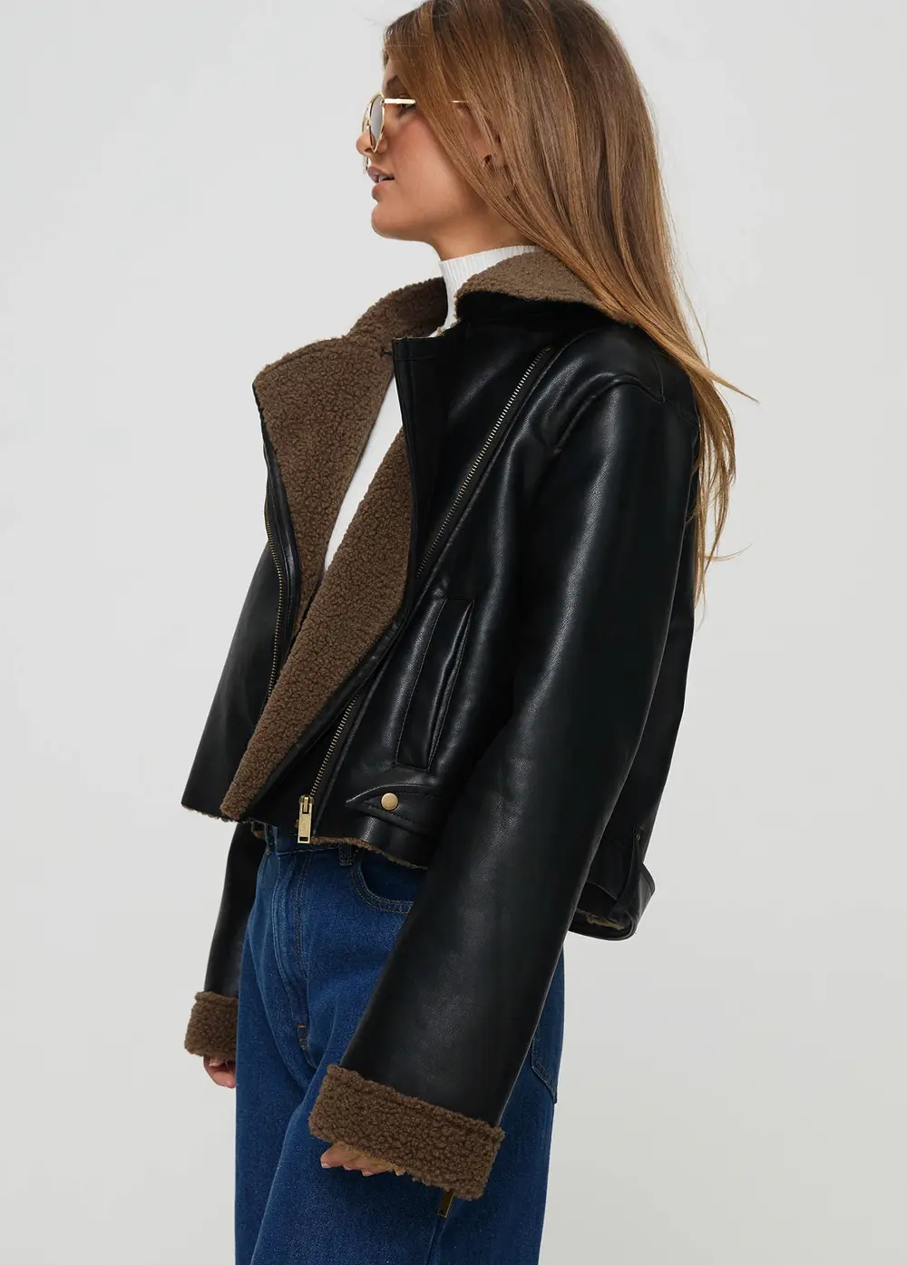 Shearling Trim Faux Leather Jacket Black