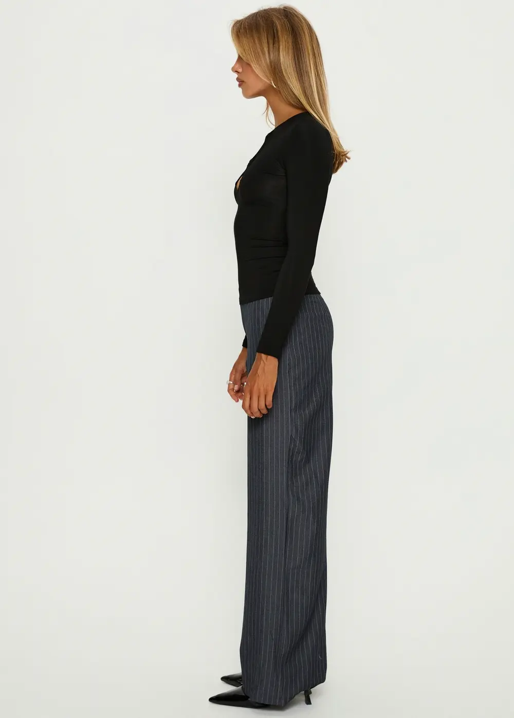 Khane Low Rise Wide Leg Pant Charcoal Pinstripe