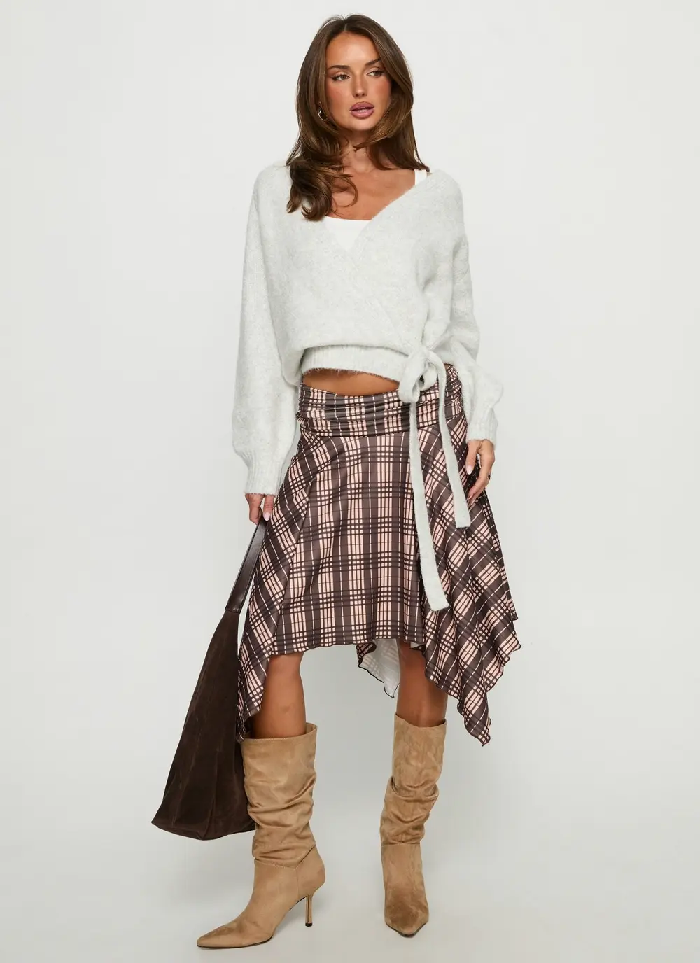 Scholar Asymmetrical Midi Skirt Brown Check