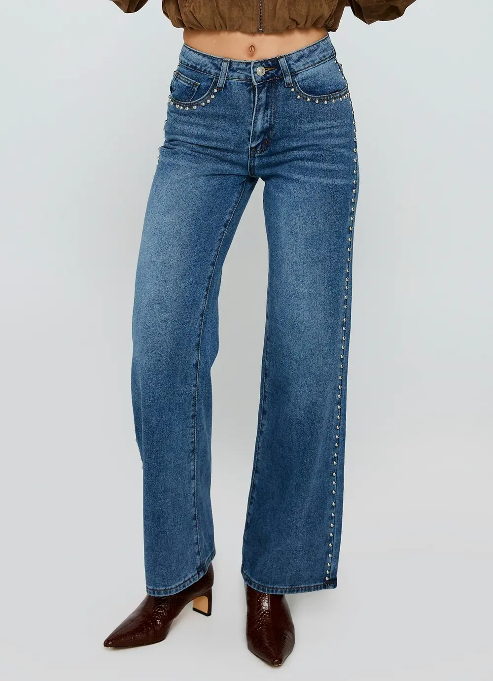 Saving Up Mid Rise Straight Leg Studded Jeans Mid Blue