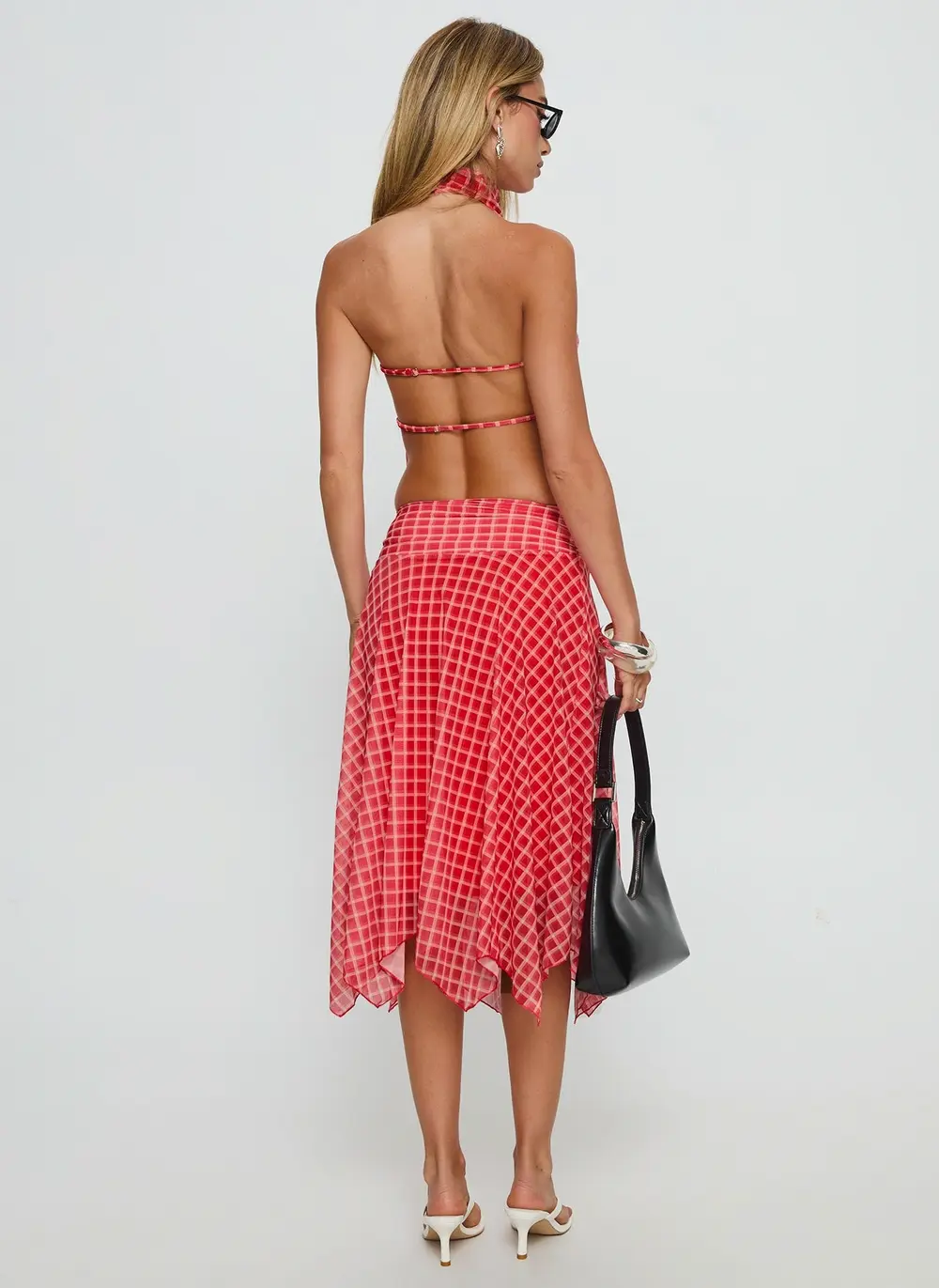 Scenic Route Asymmetrical Midi Skirt Red Check