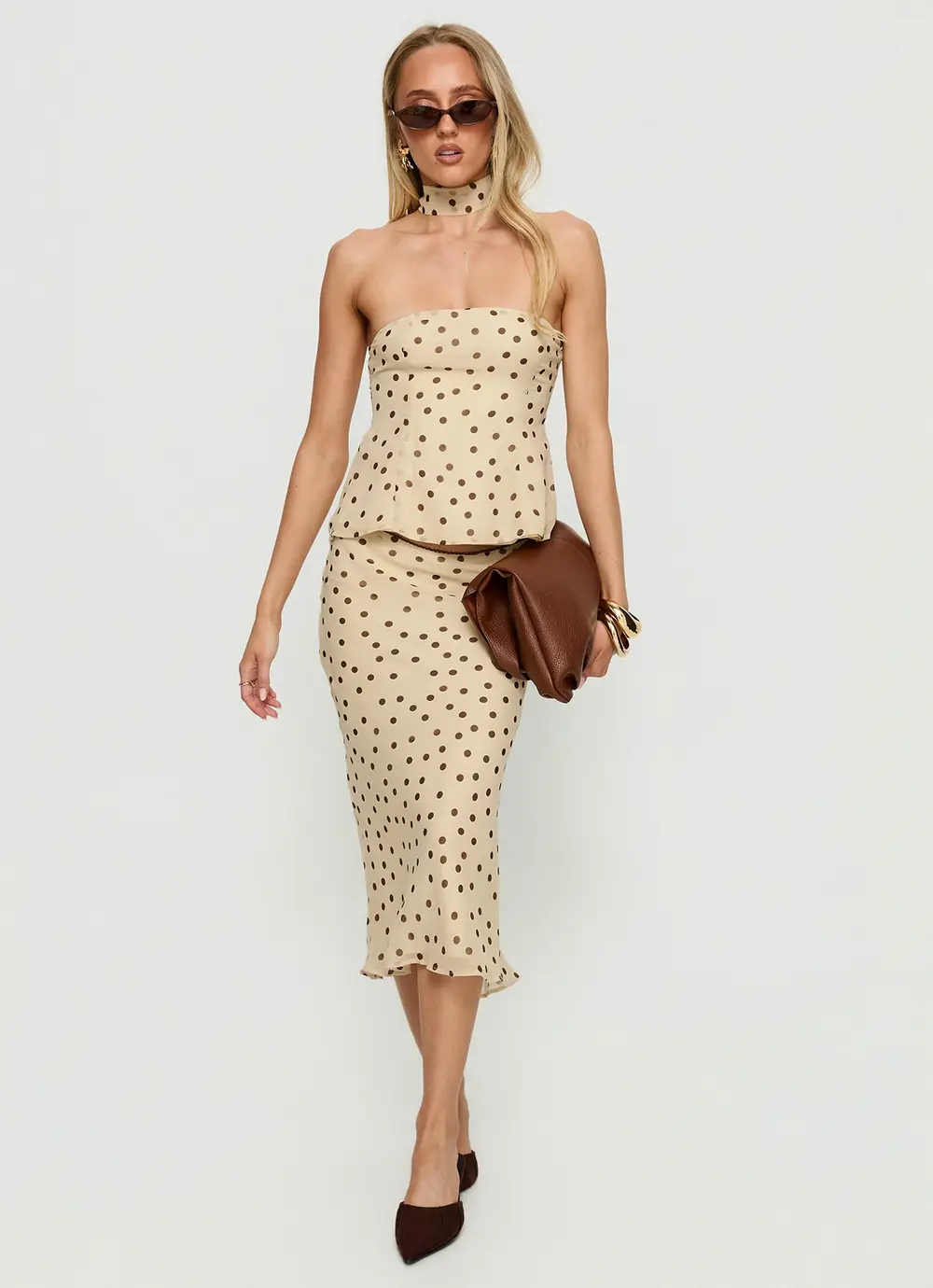 Sydni Midi Bias Cut Skirt Yellow / Chocolate Polka