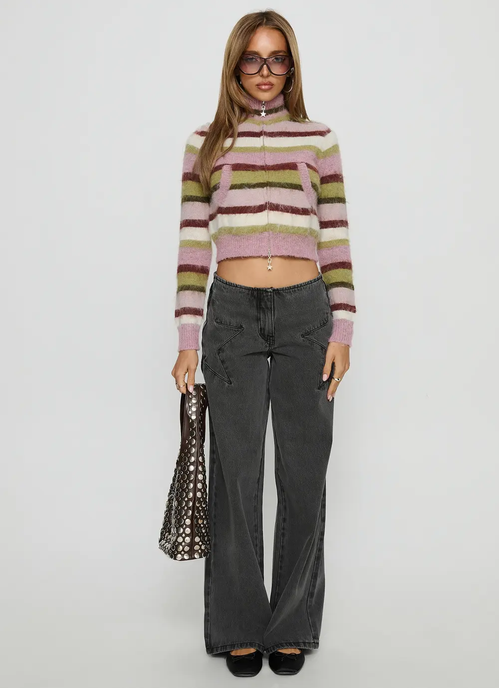 Dolley Star Stitch Mid Rise Wide Leg Jean Grey Wash