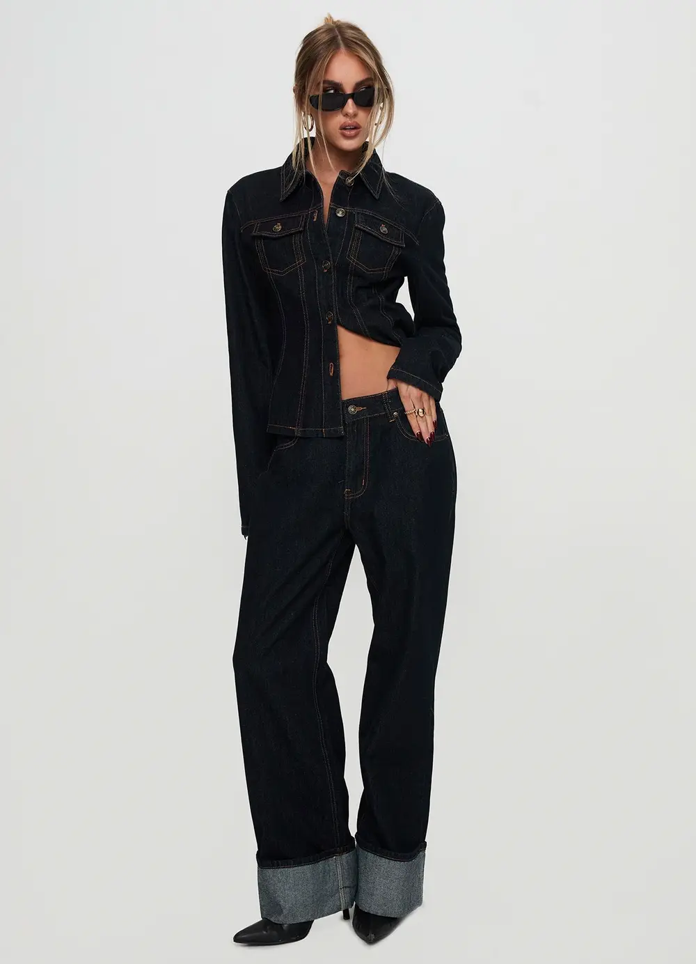 Top Model Low Rise Straight Leg Cuffed Jean Dark Denim