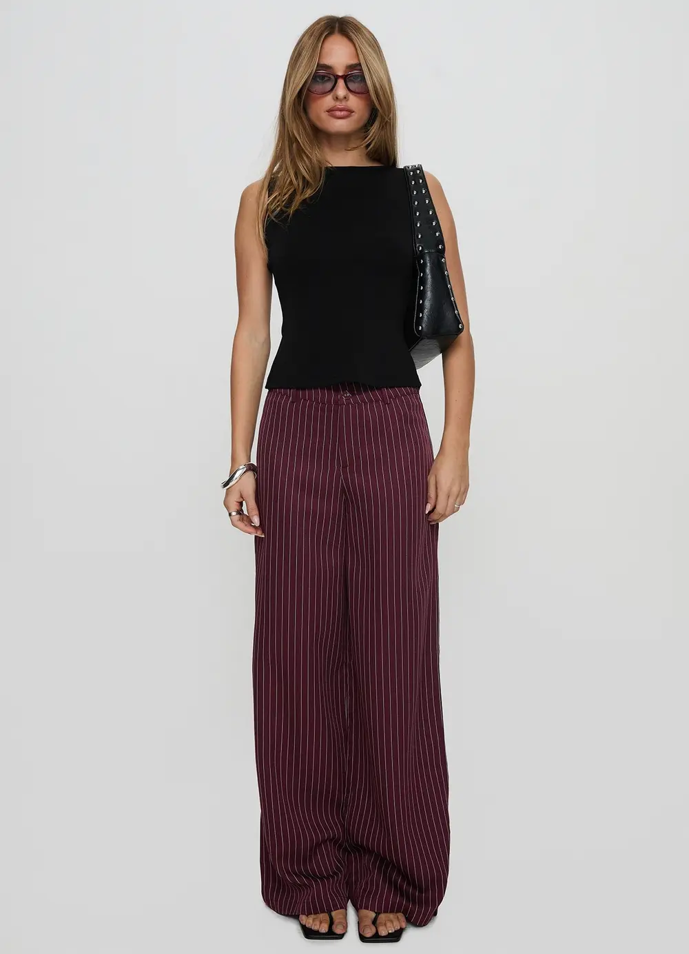 Lorenne Mid Rise Pant Burgundy Pinstripe