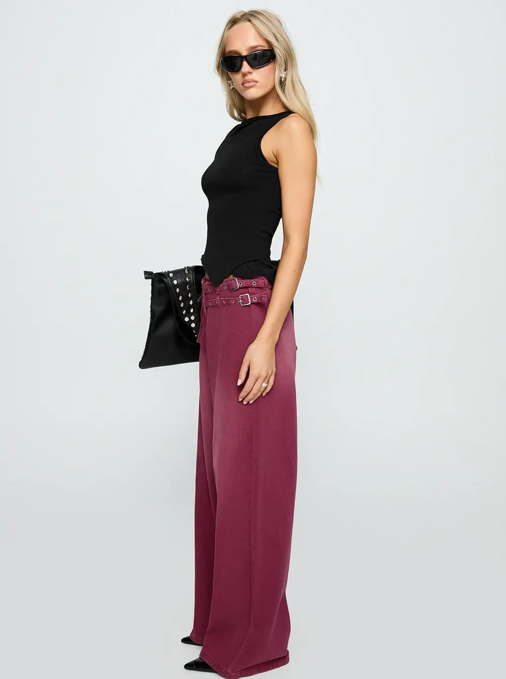 Paltrow Mid Rise Wide Leg Cargo Jeans Washed Burgundy