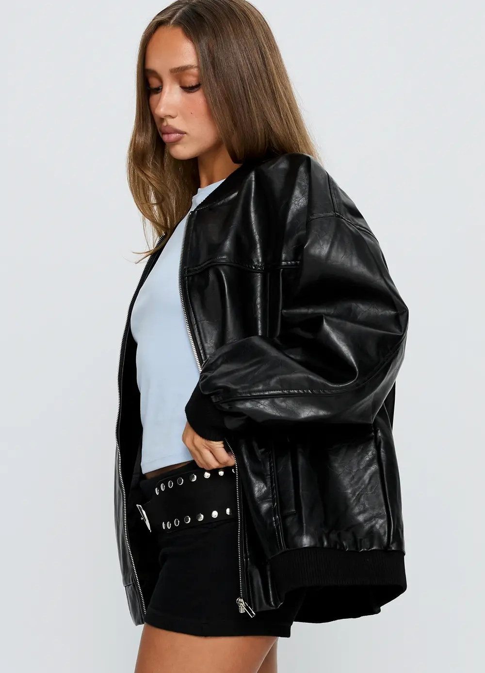 Believe It Faux Leather Bomber Jacket Black