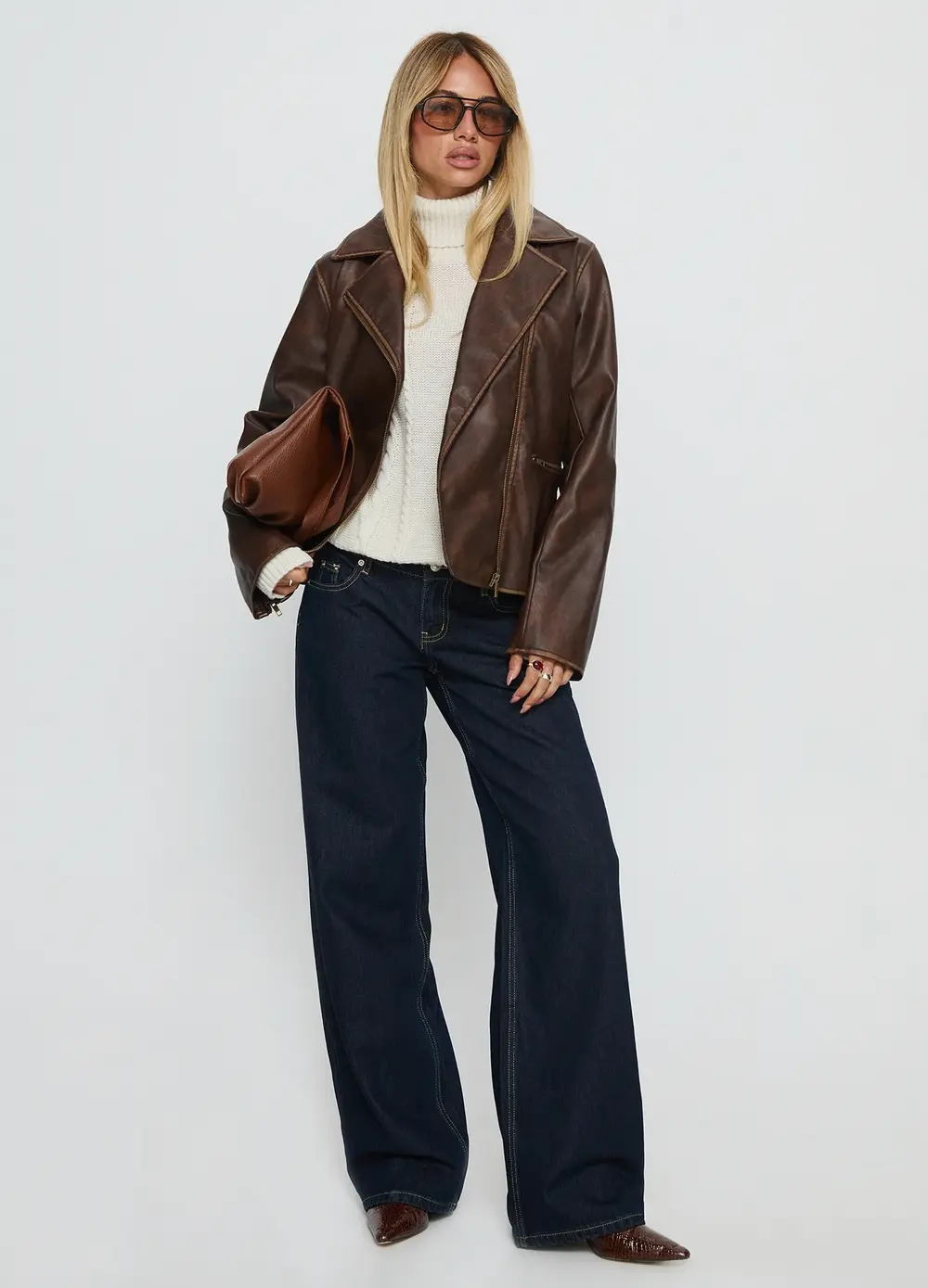 Vyolette Faux Leather Collared Jacket Washed Brown