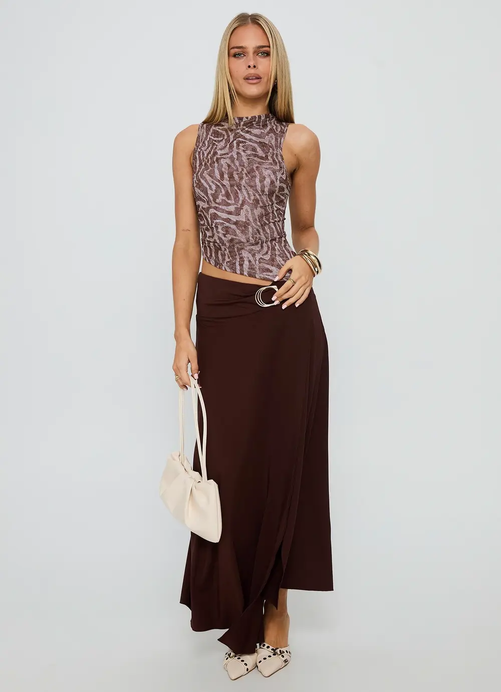 Nola Hardware Slit Maxi Skirt Brown