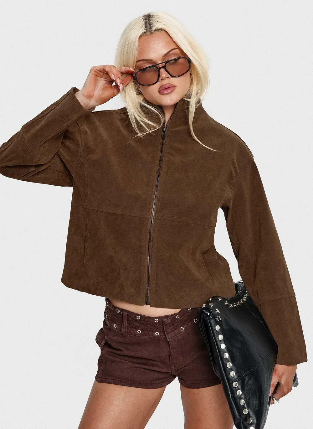 Jessalynn Faux Suede Zip Through Jacket Brown