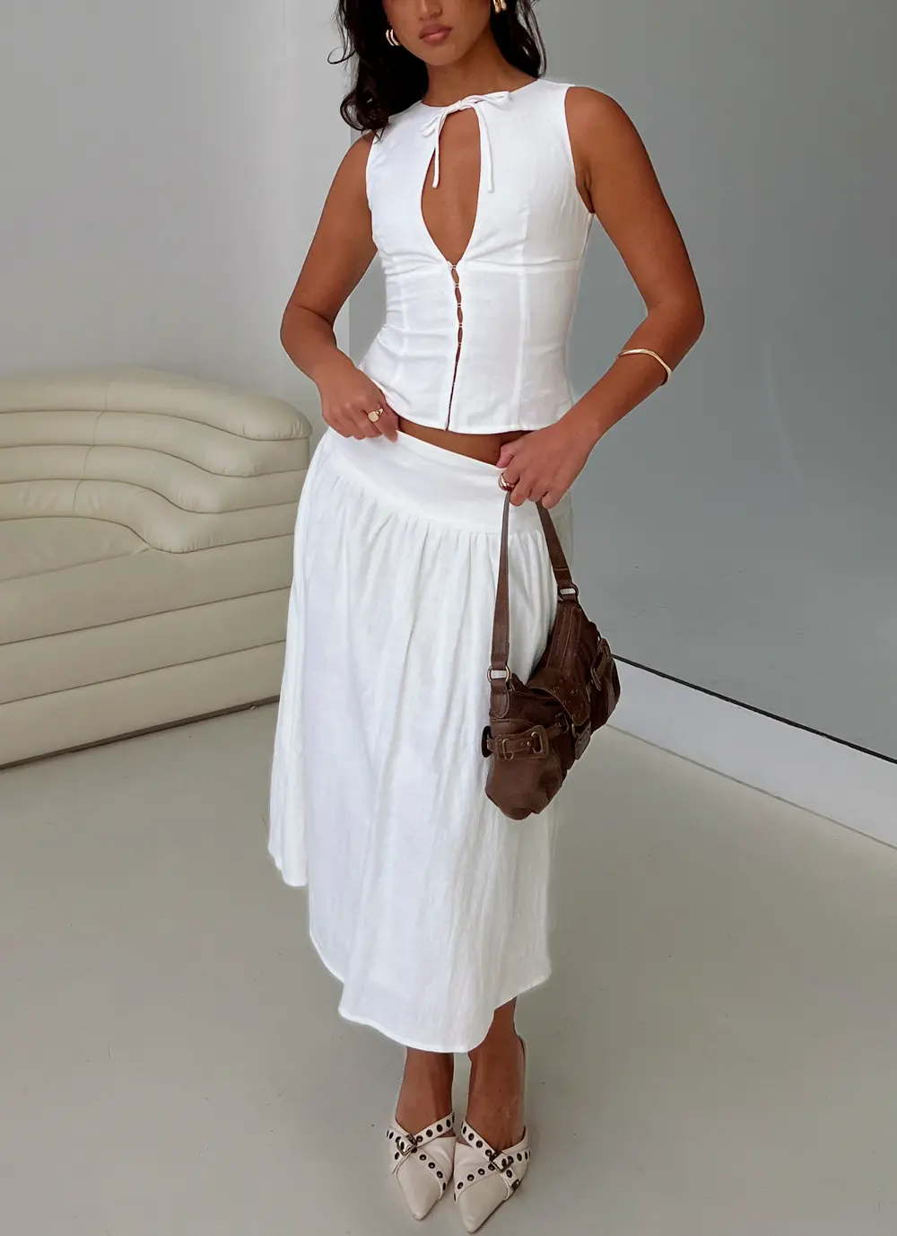 Heart Of Gold Linen Blend Midi Skirt White