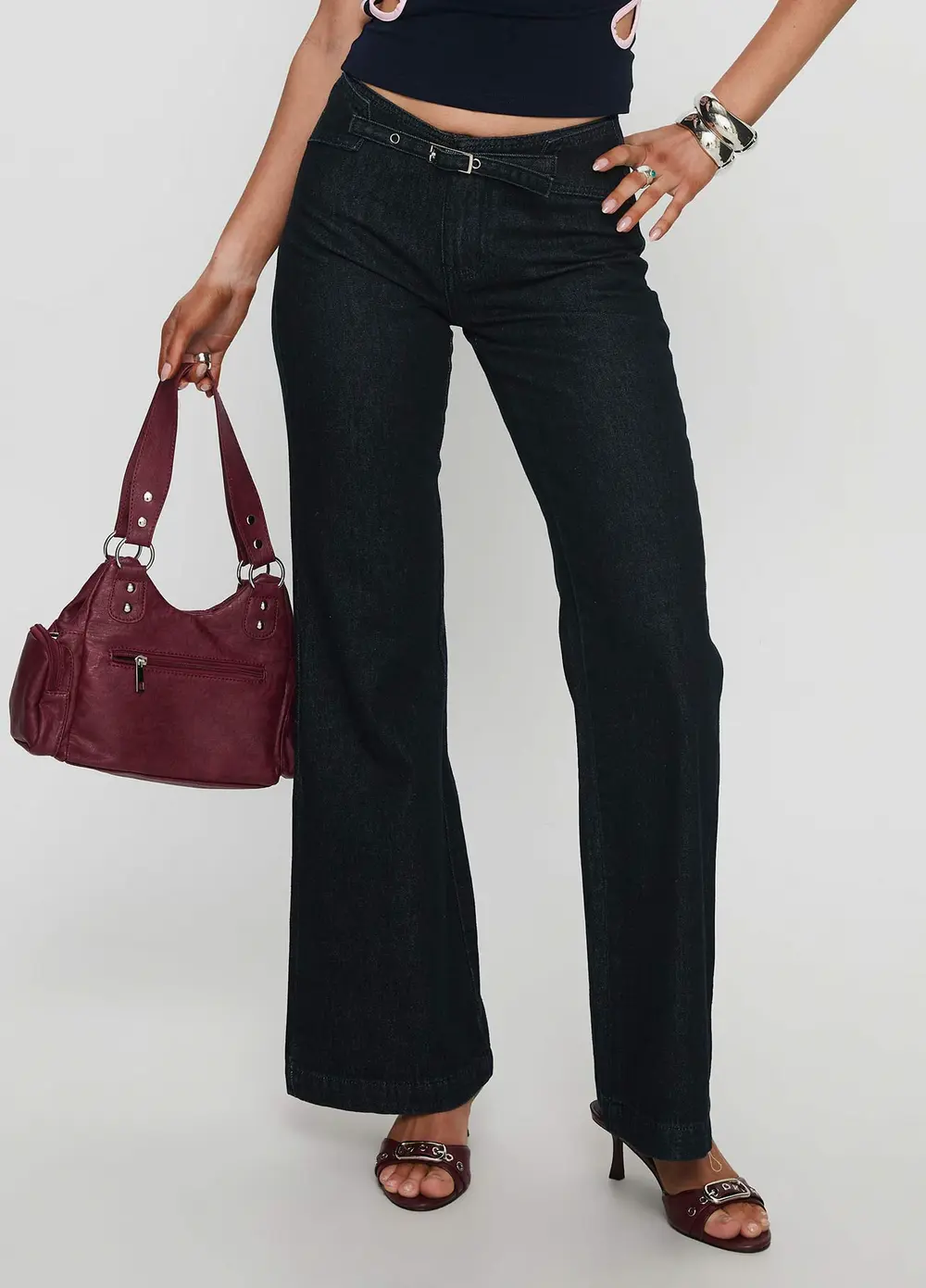 Slow Ride Mid Rise Bootleg Belted Jeans Dark Indigo Blue