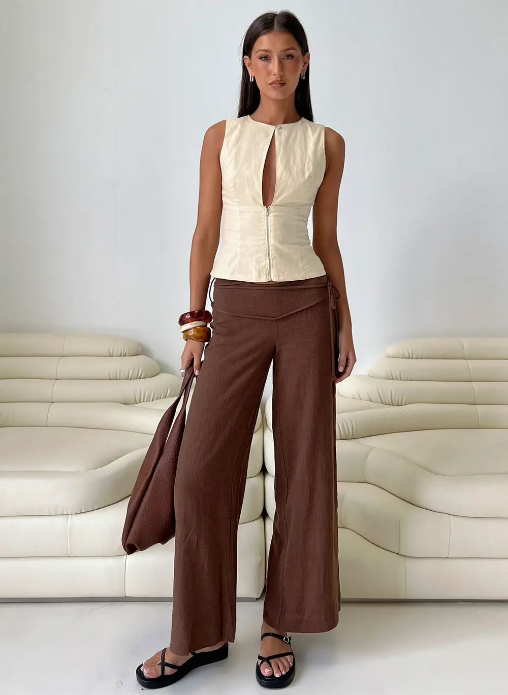 Silver Moon Linen Blend Tie Pants Brown