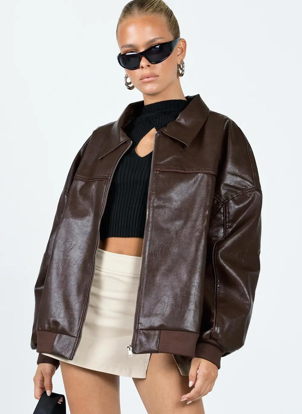 Goldsmith Faux Leather Bomber Jacket Brown