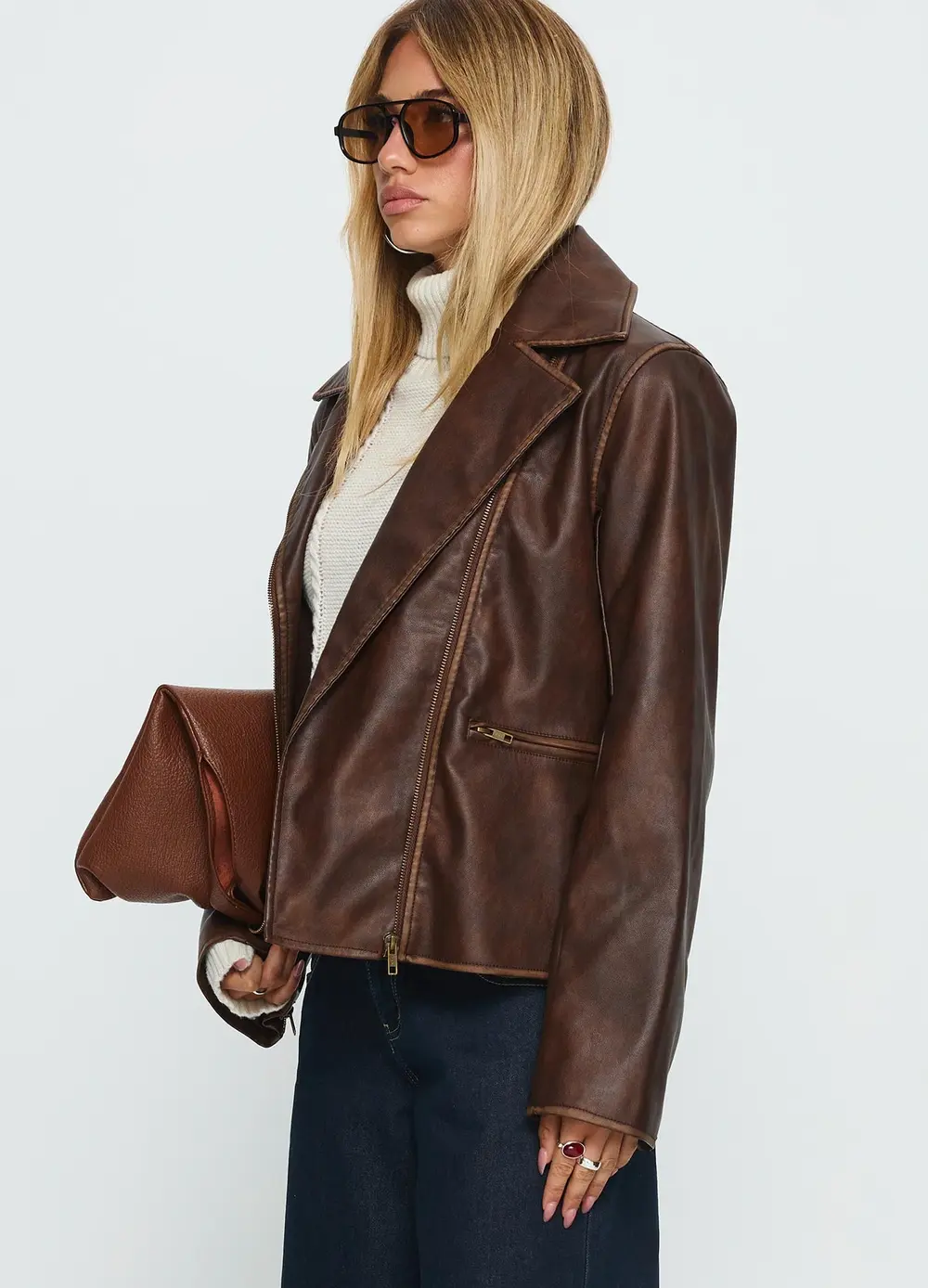 Vyolette Faux Leather Collared Jacket Washed Brown