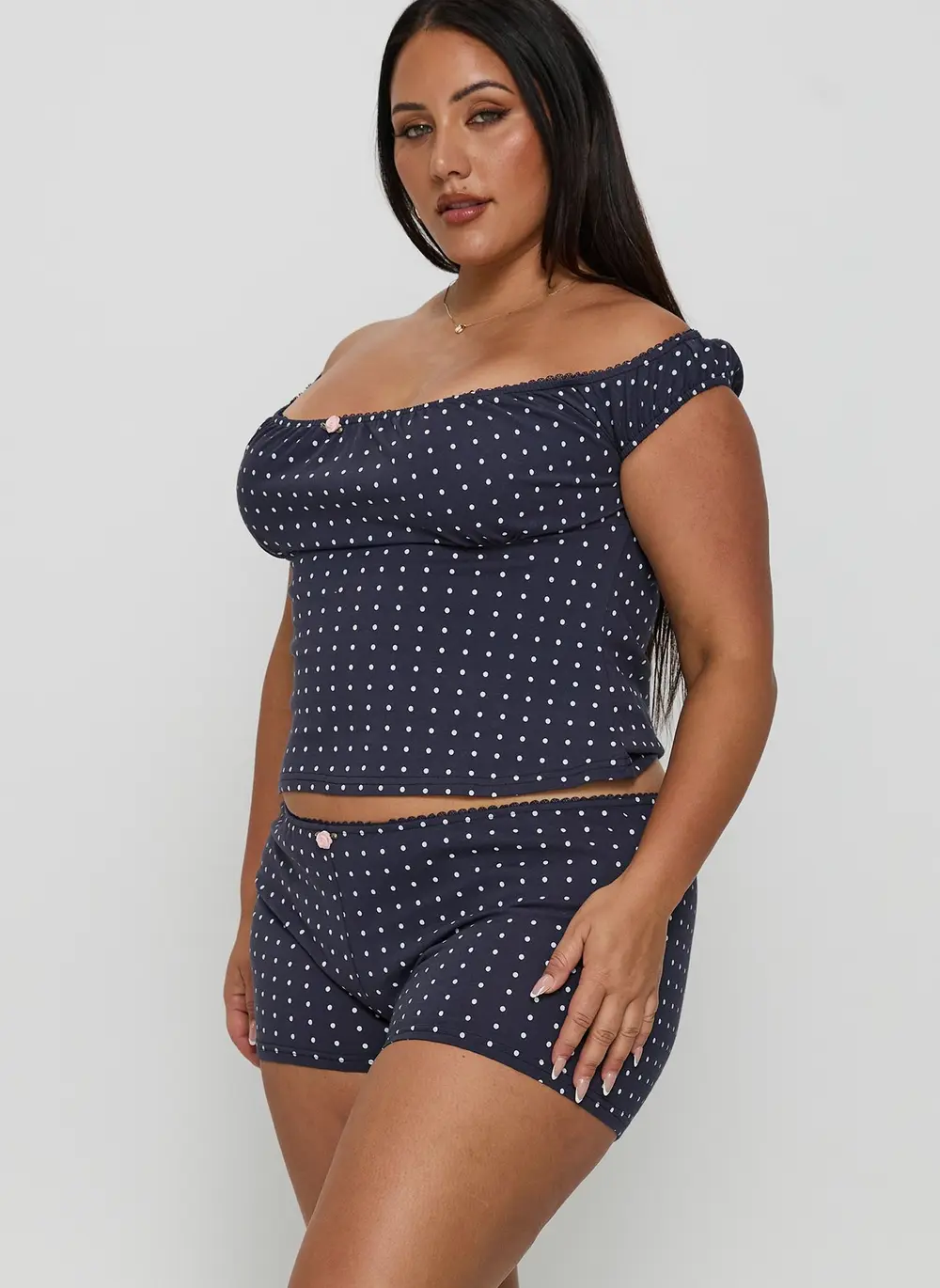 Drift Away Off The Shoulder Sleep Set Navy Dot Curve