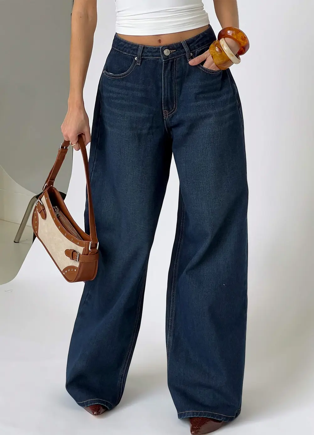 Naylor Mid Rise Wide Leg Jeans Mid Blue Denim