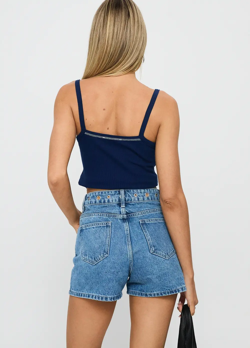 Tropicana Denim Eyelet Detail Shorts Mid Blue