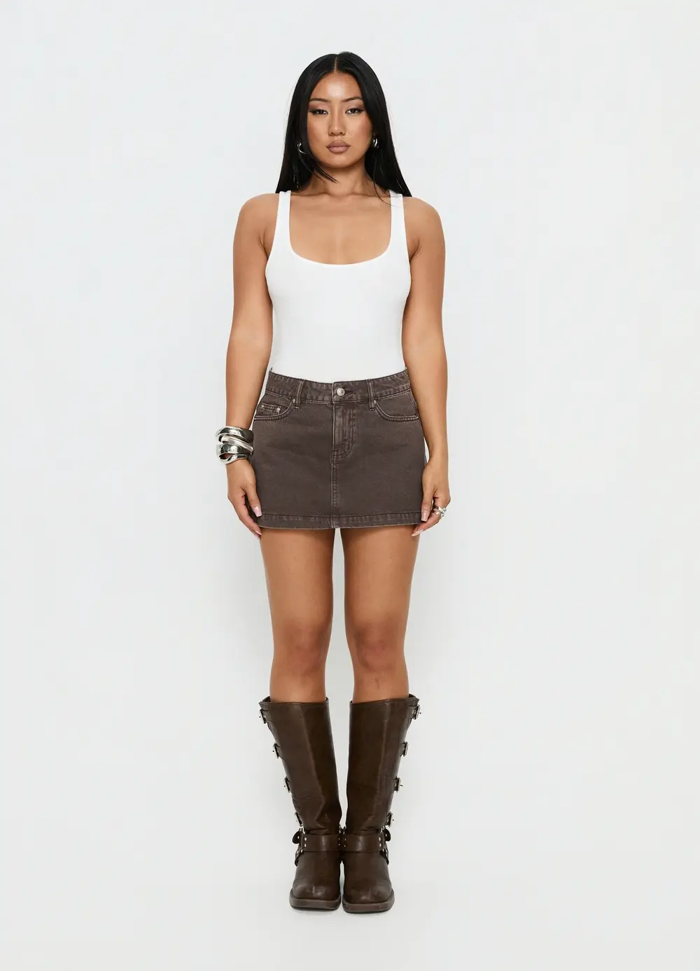 Nicolina Low Rise Denim Mini Skirt Washed Brown
