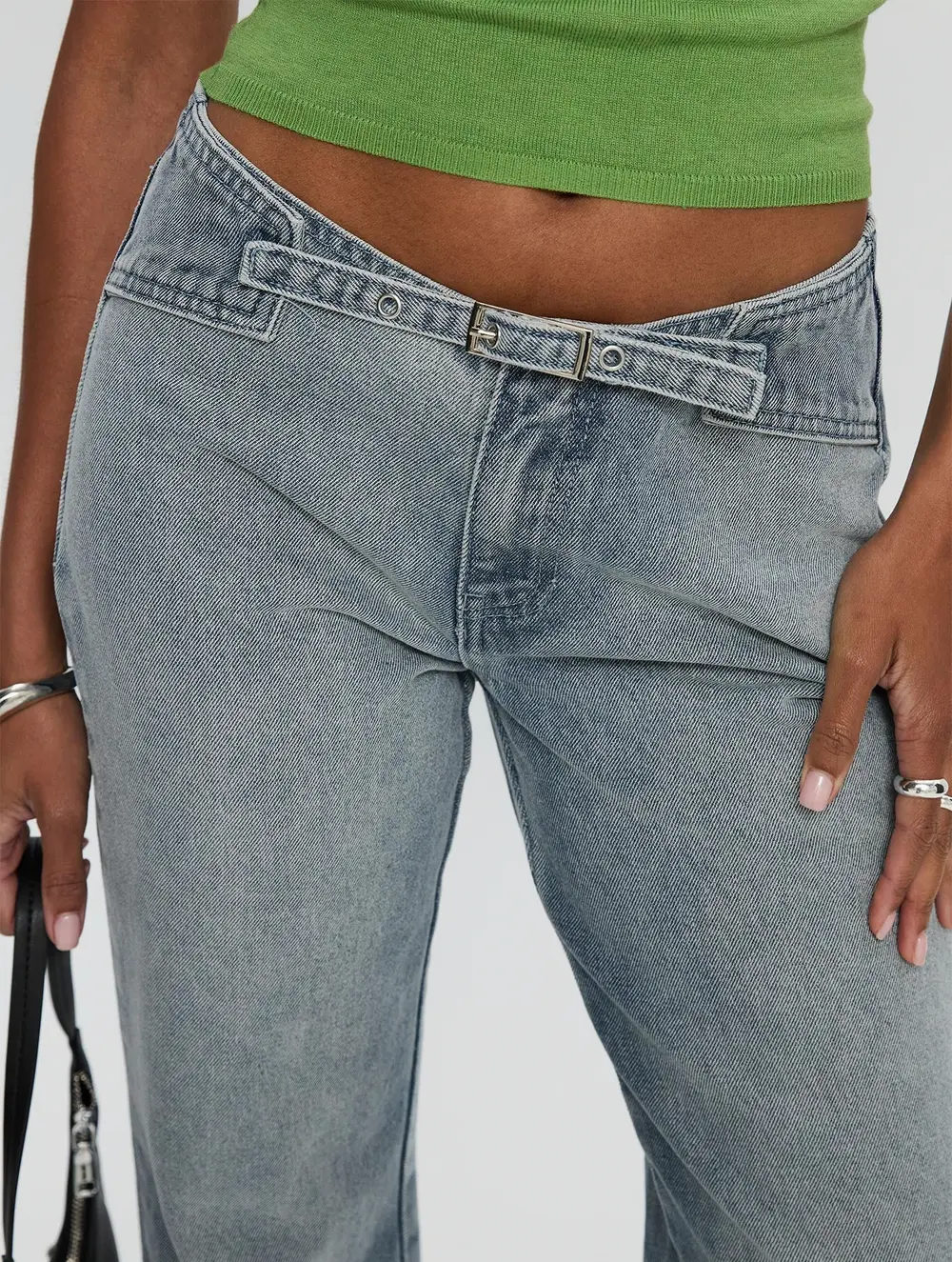 Slow Ride Mid Rise Bootleg Belted Jeans Light Blue