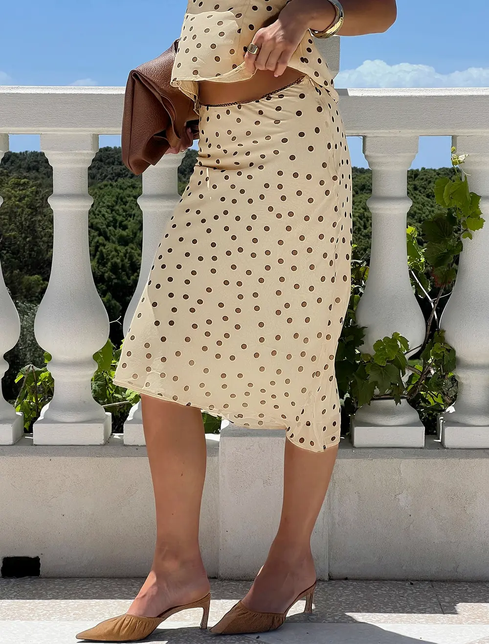 Sydni Midi Bias Cut Skirt Yellow / Chocolate Polka