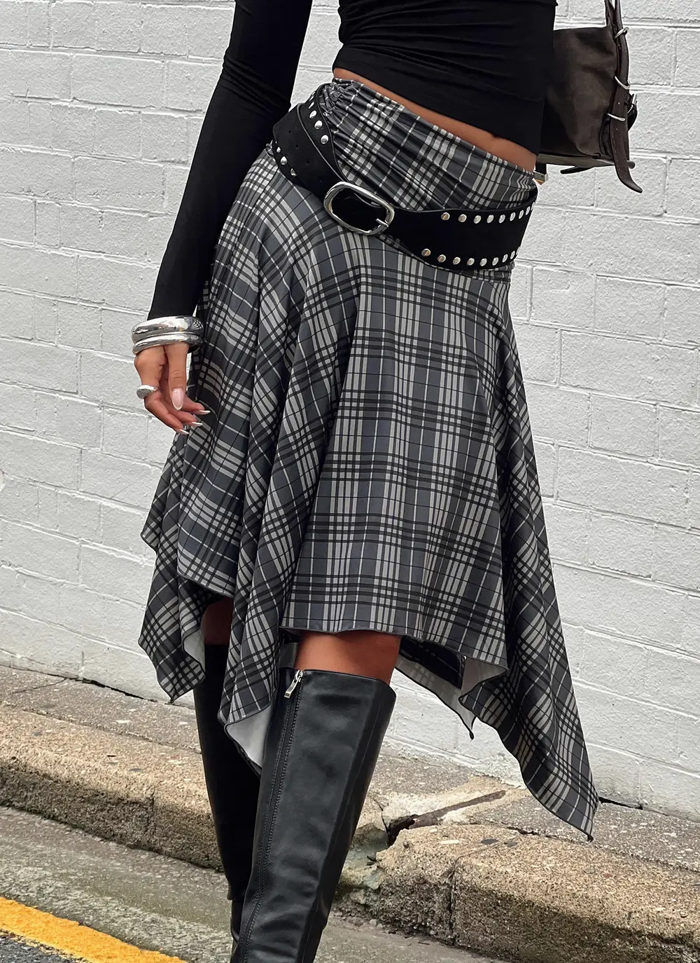 Scholar Asymmetrical Midi Skirt Grey Check
