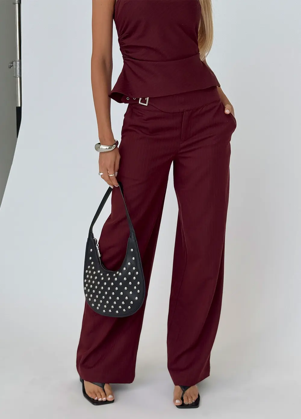 Jinny Relaxed Buckle Tailored Pants Berry Pinstripe