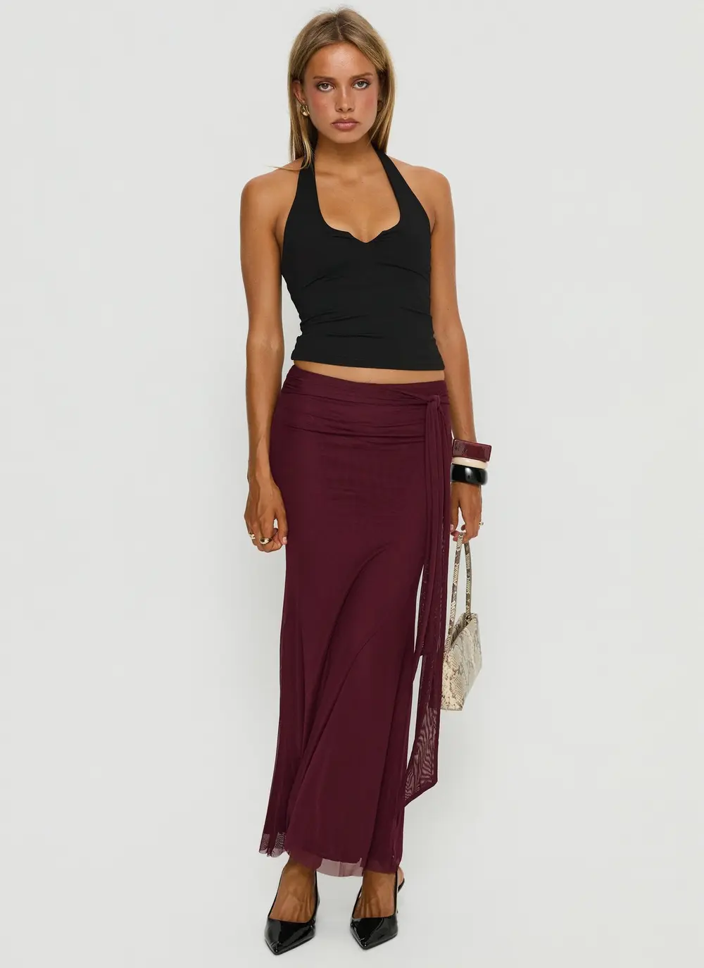 Caviar Tie Maxi Skirt Currant
