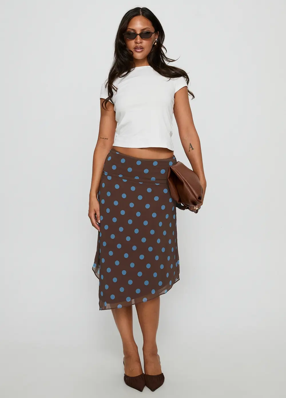 Daphene Asymmetrical Midi Skirt Brown / Blue Polka Dot