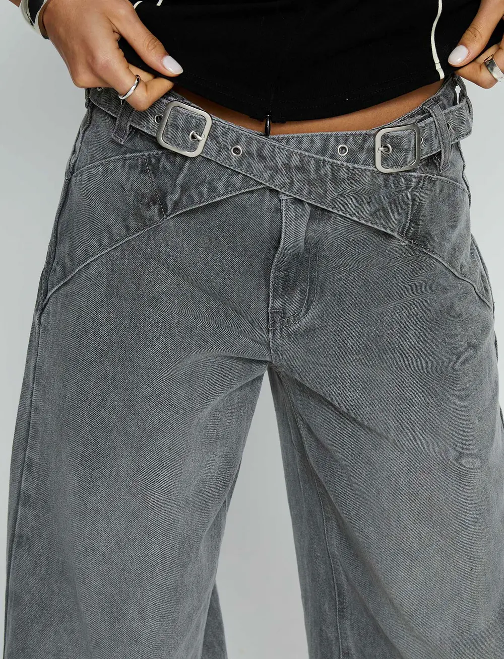 Mckinley Mid Rise Wide Leg Jeans Washed Grey