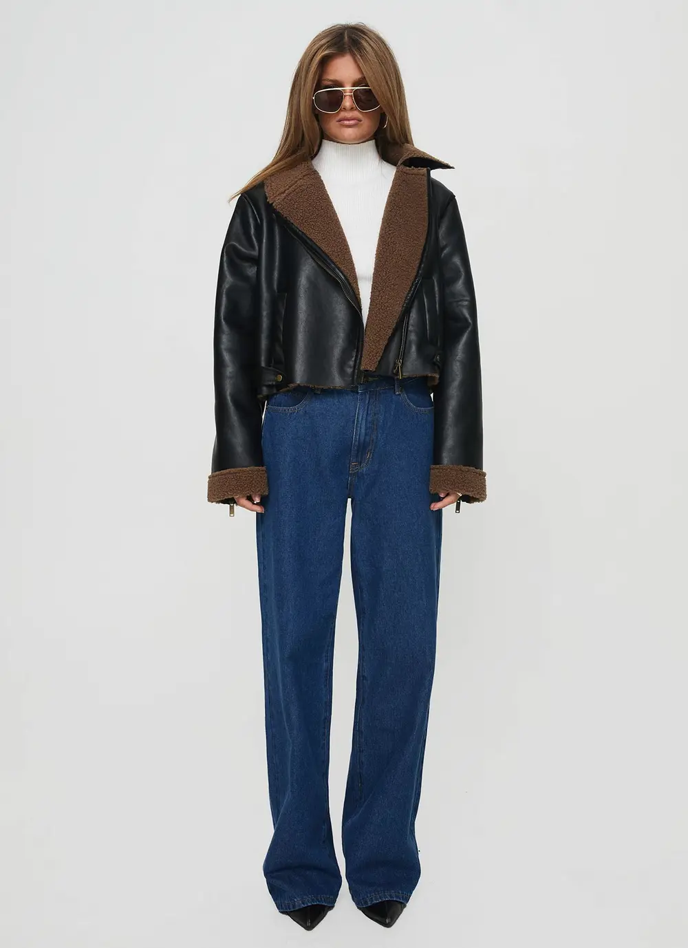 Shearling Trim Faux Leather Jacket Black