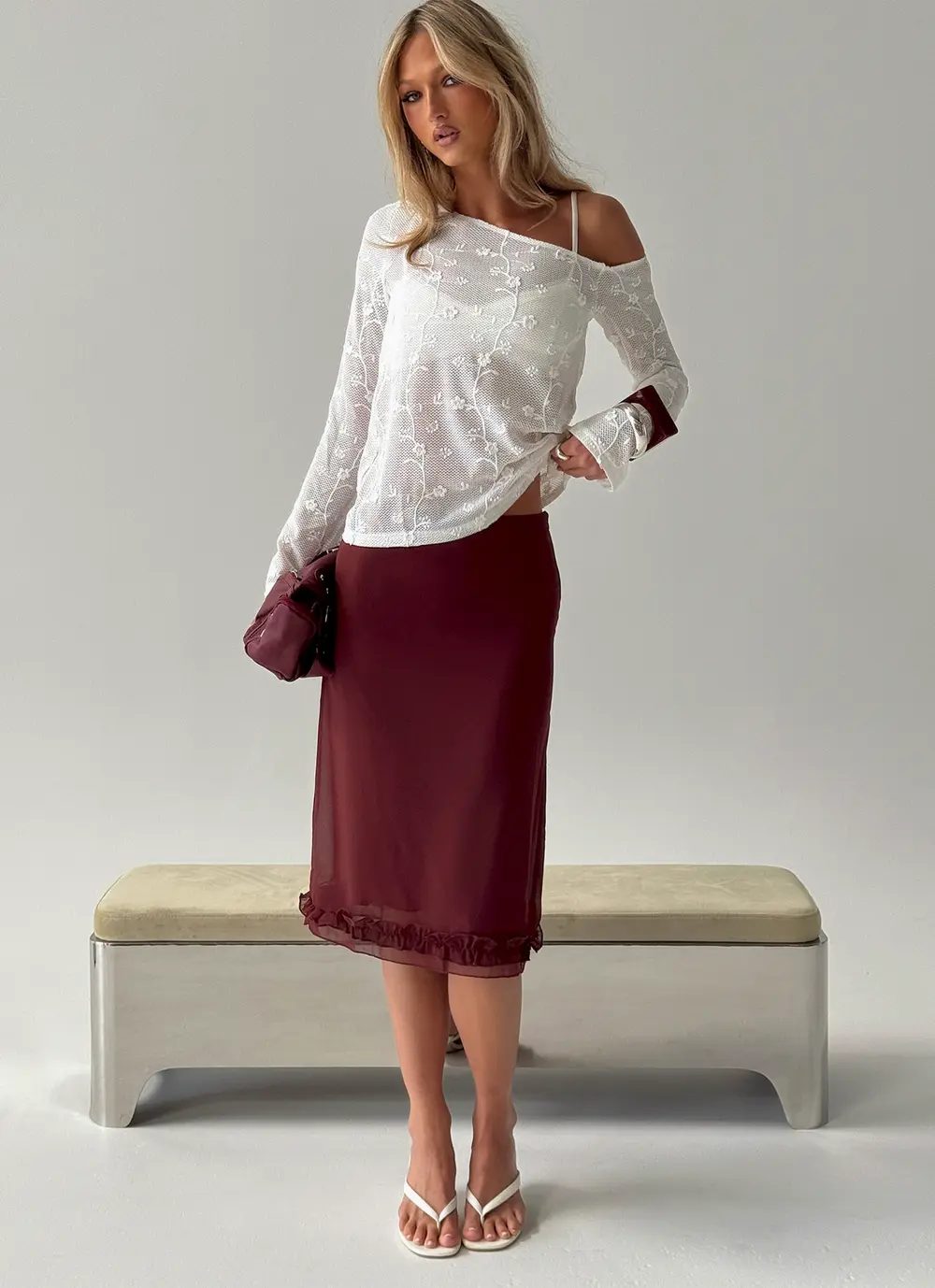 Rosette Frill Midi Skirt Currant