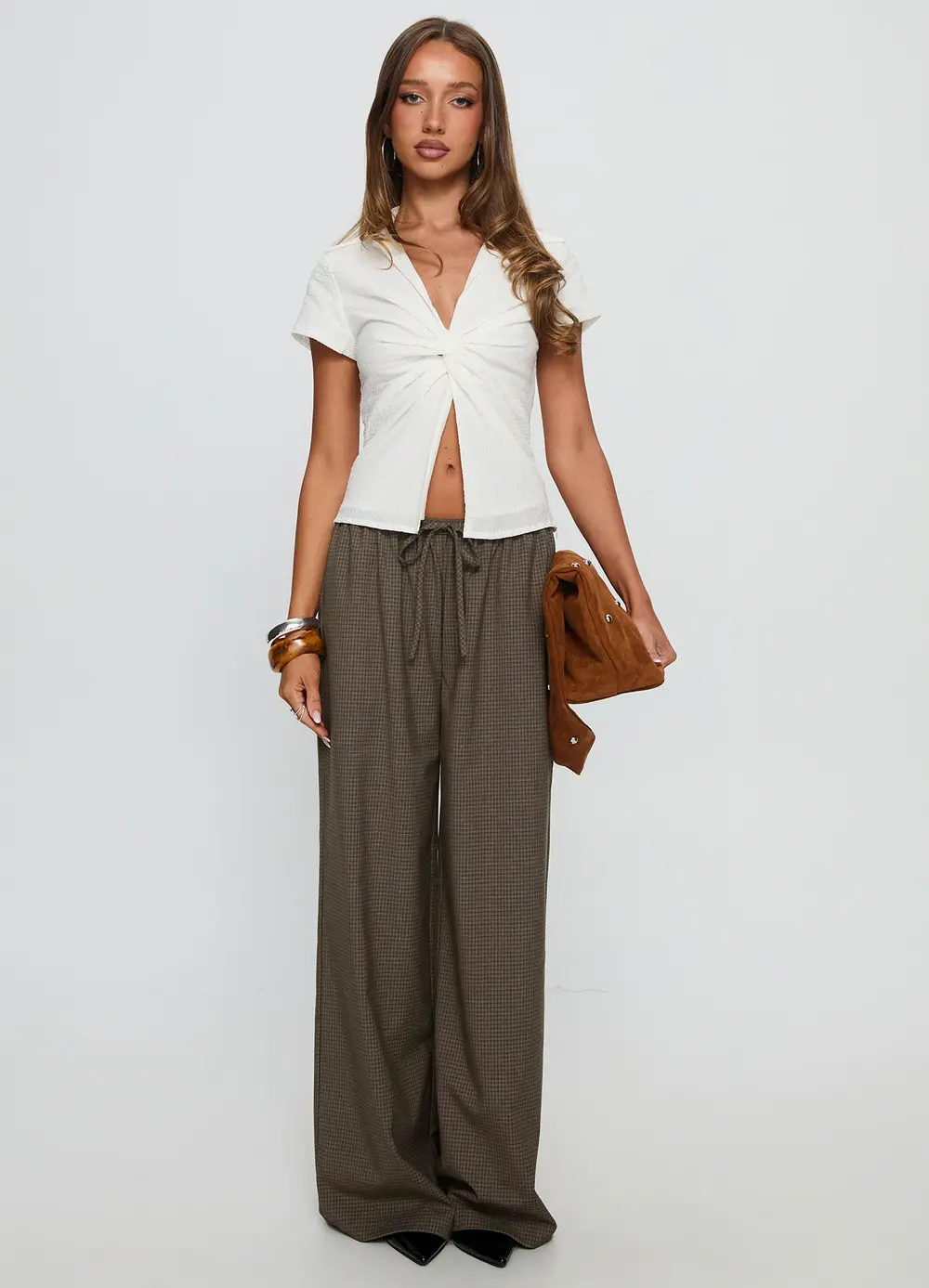 Ketrina Tie Waist Pants Brown Plaid