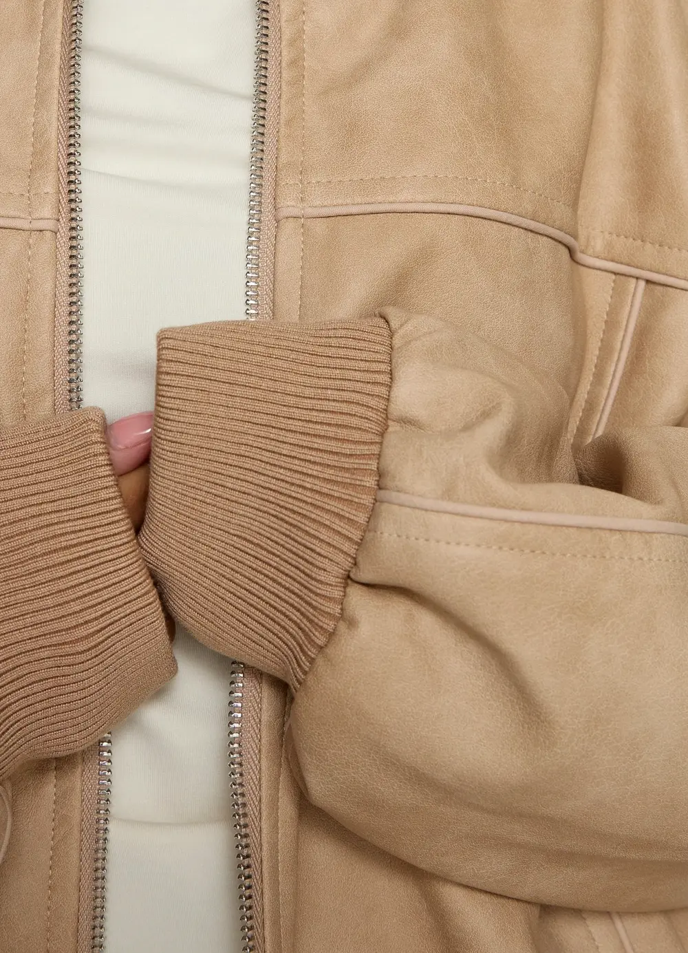 Believe It Faux Leather Bomber Jacket Washed Stone