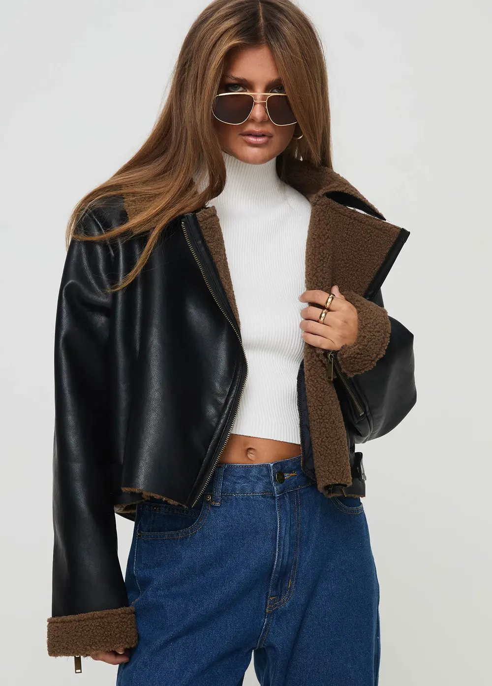 Shearling Trim Faux Leather Jacket Black