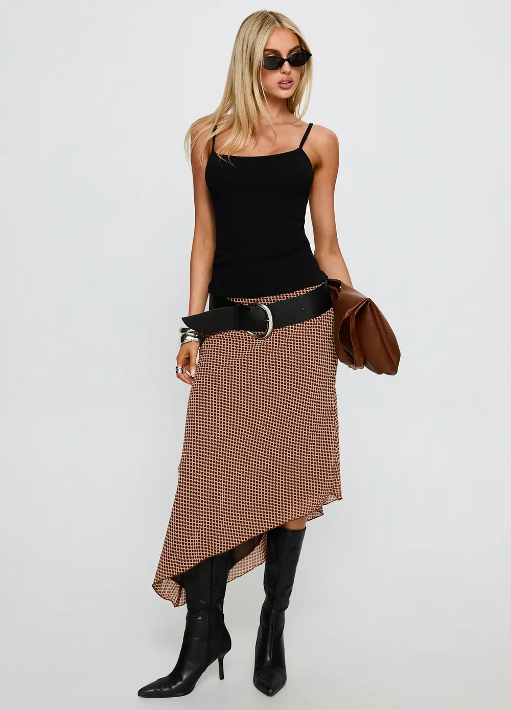 Suella Asymmetrical Midi Skirt Brown Polka Dot