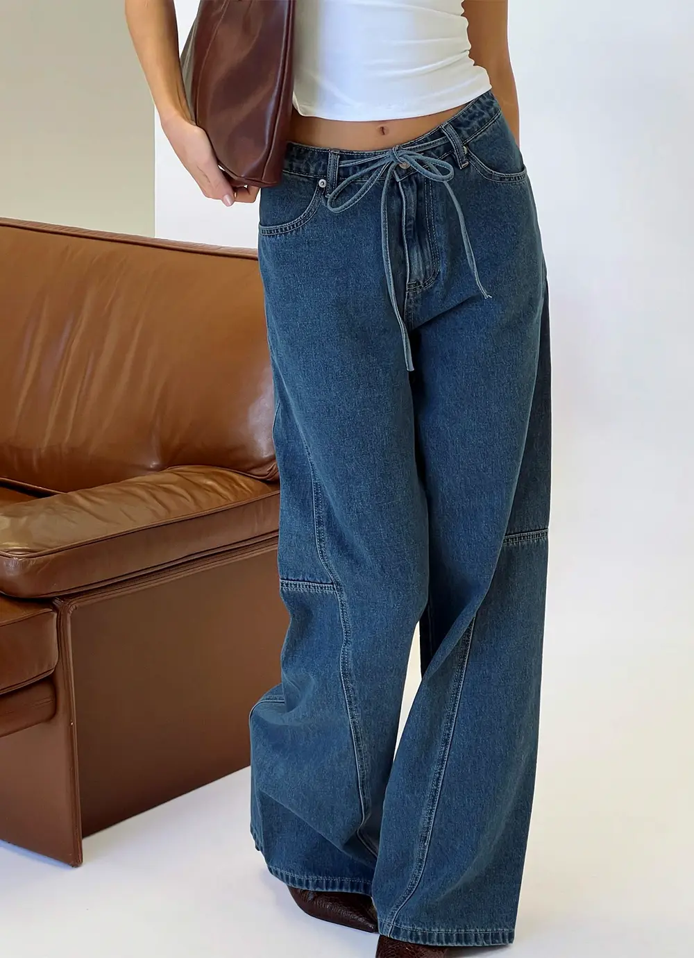 Bruiser Tie Waist Mid Rise Wide Leg Jeans Mid Blue Wash