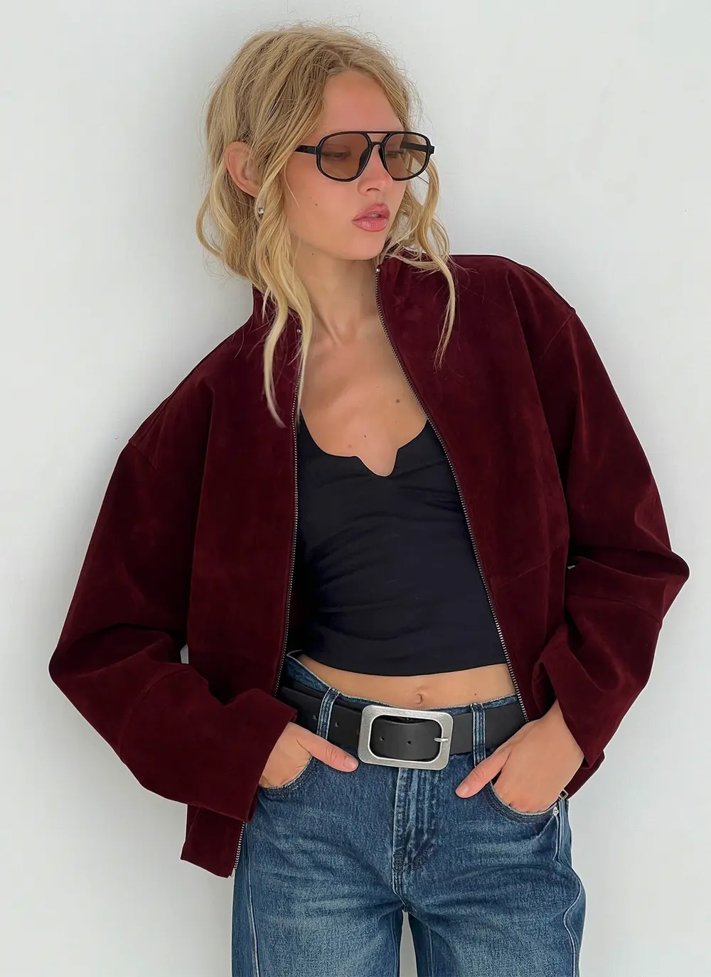Jessalynn Faux Suede Zip Through Jacket Burgundy
